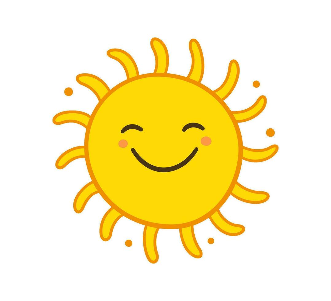 Doodle sun icon. Hand drawn smile yellow sun with rays symbol. Doodle children drawing. Hand drawn star character. Hot weather sign. Vector illustration isolated on white background