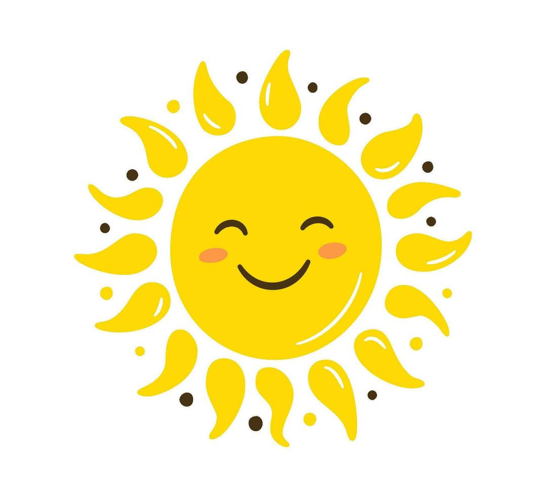 Doodle sun icon. Hand drawn smile yellow sun with rays symbol. Doodle children drawing. Hand drawn star character. Hot weather sign. Vector illustration isolated on white background