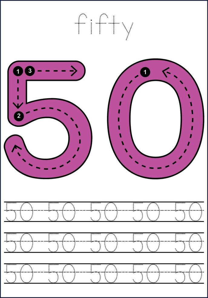 Vector numbers tracing worksheet for kids - tracing dashed lines and numbers