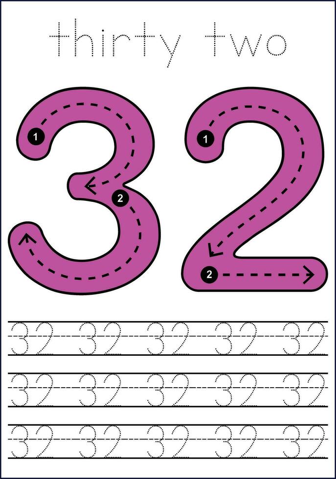 Vector numbers tracing worksheet for kids - tracing dashed lines and numbers