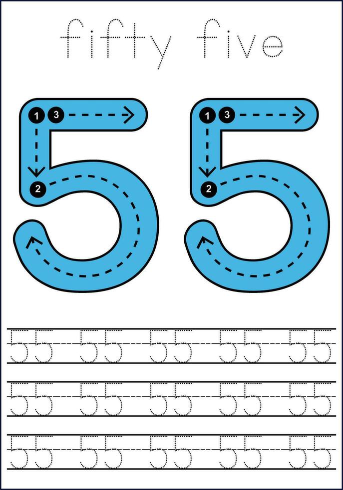 Vector numbers tracing worksheet for kids - tracing dashed lines and numbers