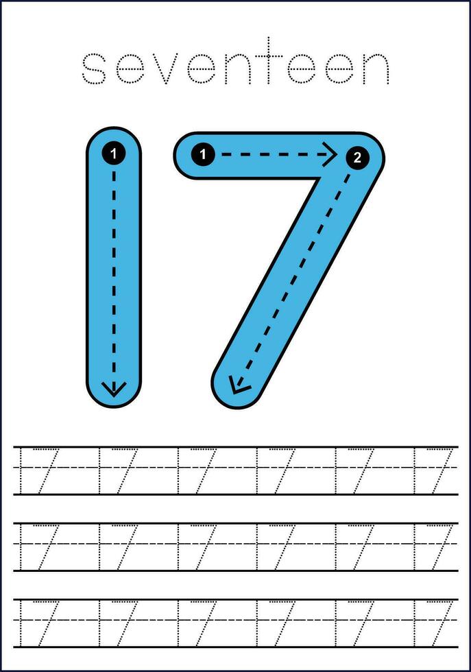 Vector numbers tracing worksheet for kids - tracing dashed lines and numbers