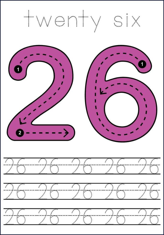 Vector numbers tracing worksheet for kids - tracing dashed lines and numbers