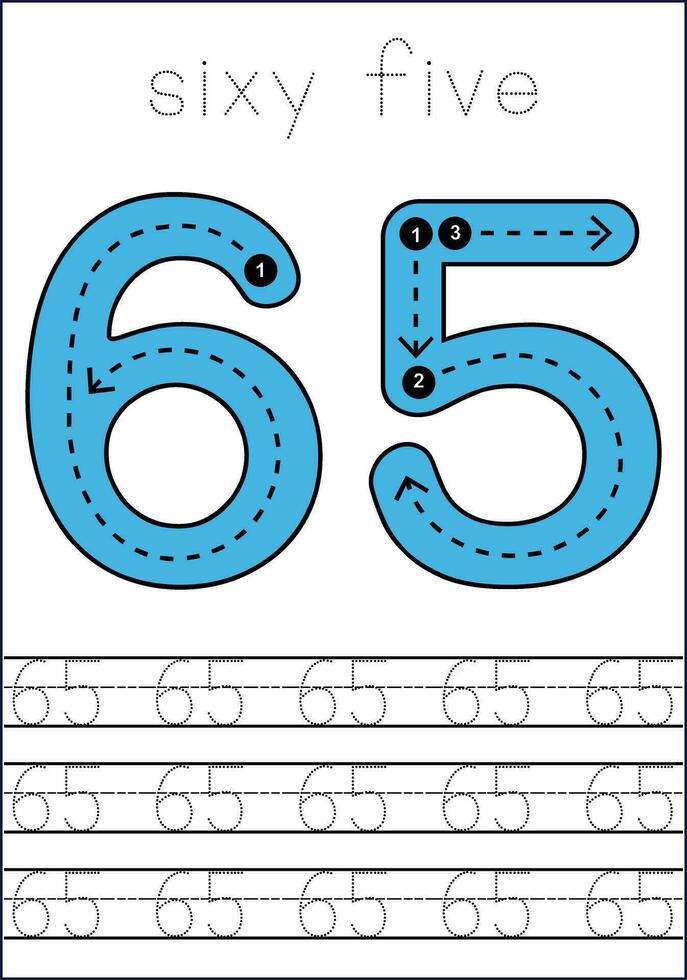 Vector numbers tracing worksheet for kids - tracing dashed lines and numbers
