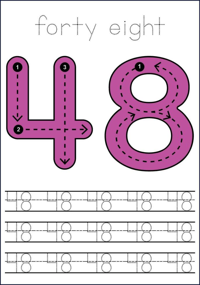 Vector numbers tracing worksheet for kids - tracing dashed lines and numbers