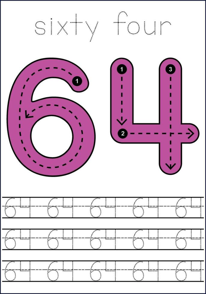 Vector numbers tracing worksheet for kids - tracing dashed lines and numbers