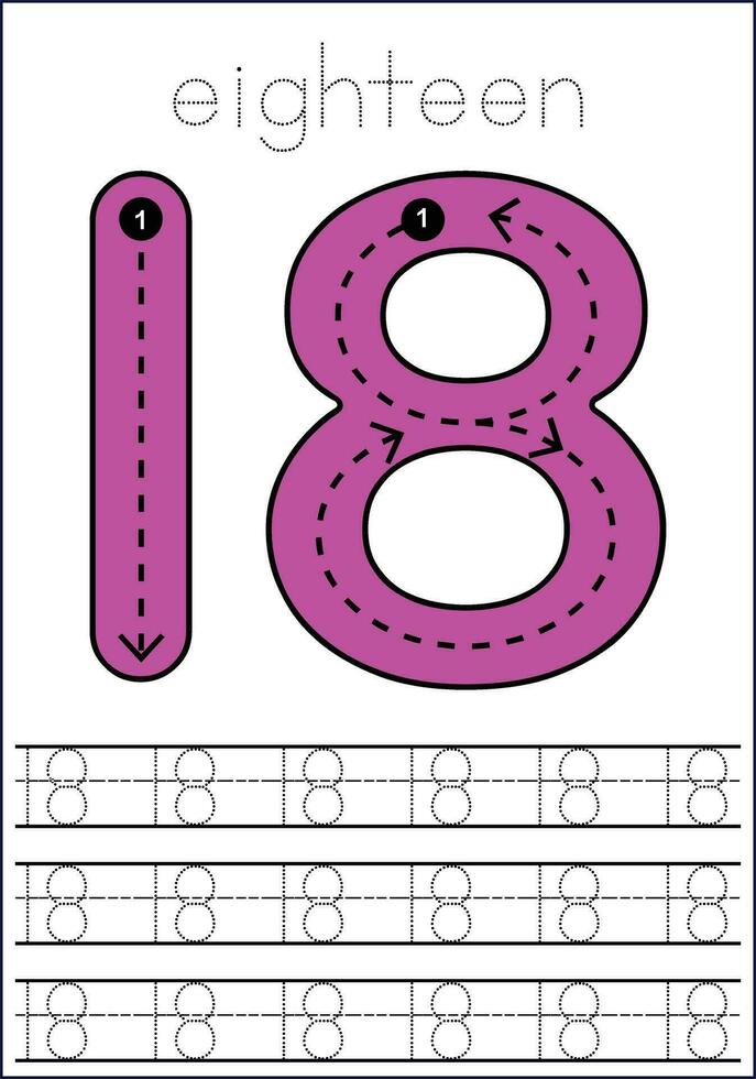 Vector numbers tracing worksheet for kids - tracing dashed lines and numbers