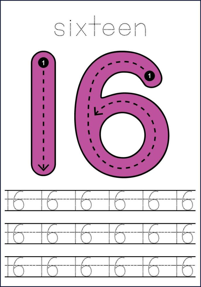 Vector numbers tracing worksheet for kids - tracing dashed lines and numbers