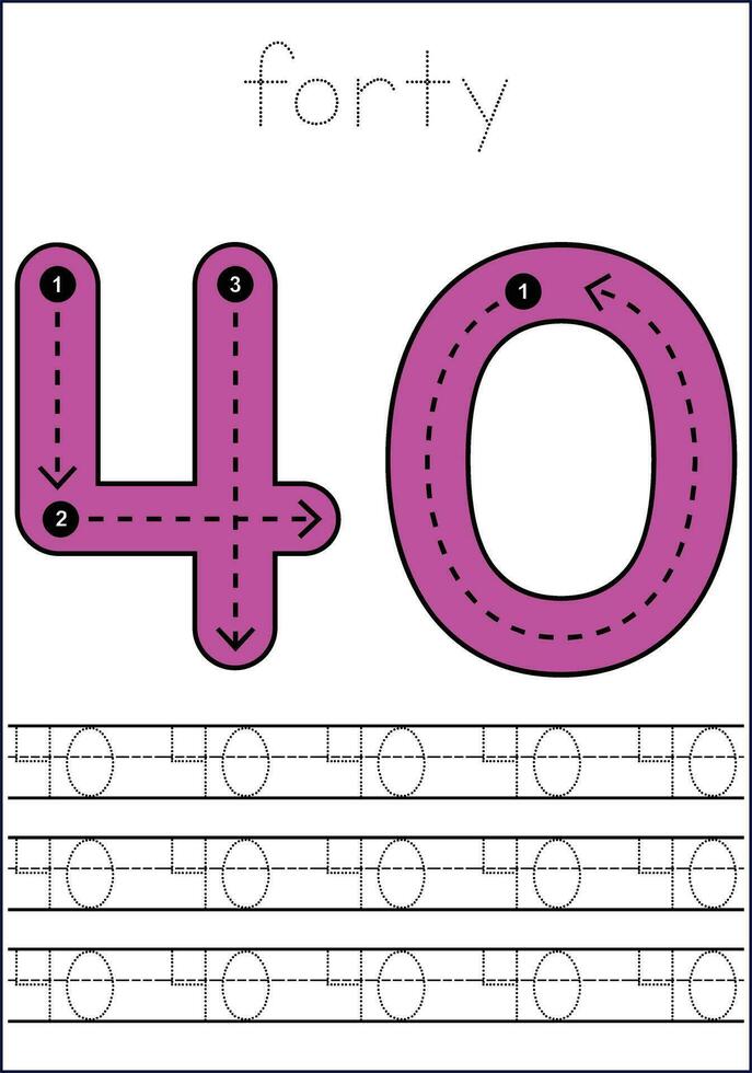 Vector numbers tracing worksheet for kids - tracing dashed lines and numbers