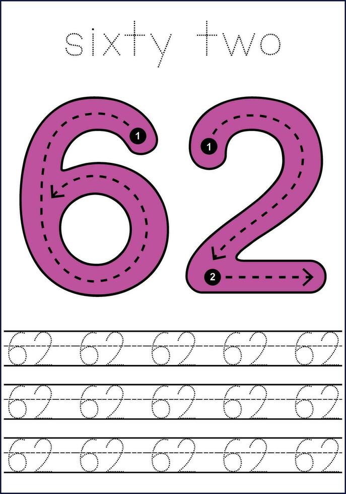 Vector numbers tracing worksheet for kids - tracing dashed lines and numbers