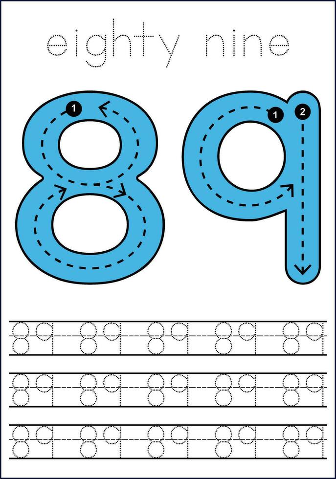 Vector numbers tracing worksheet for kids - tracing dashed lines and numbers