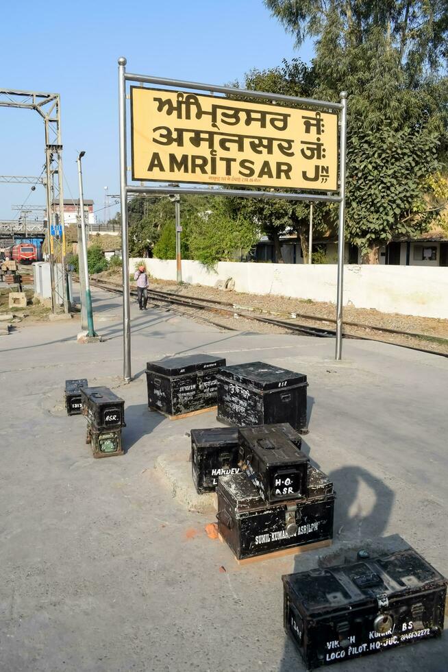 Amritsar railway station platform during morning time, Amritsar Railway station banner at Amritsar, Punjab railway station photo