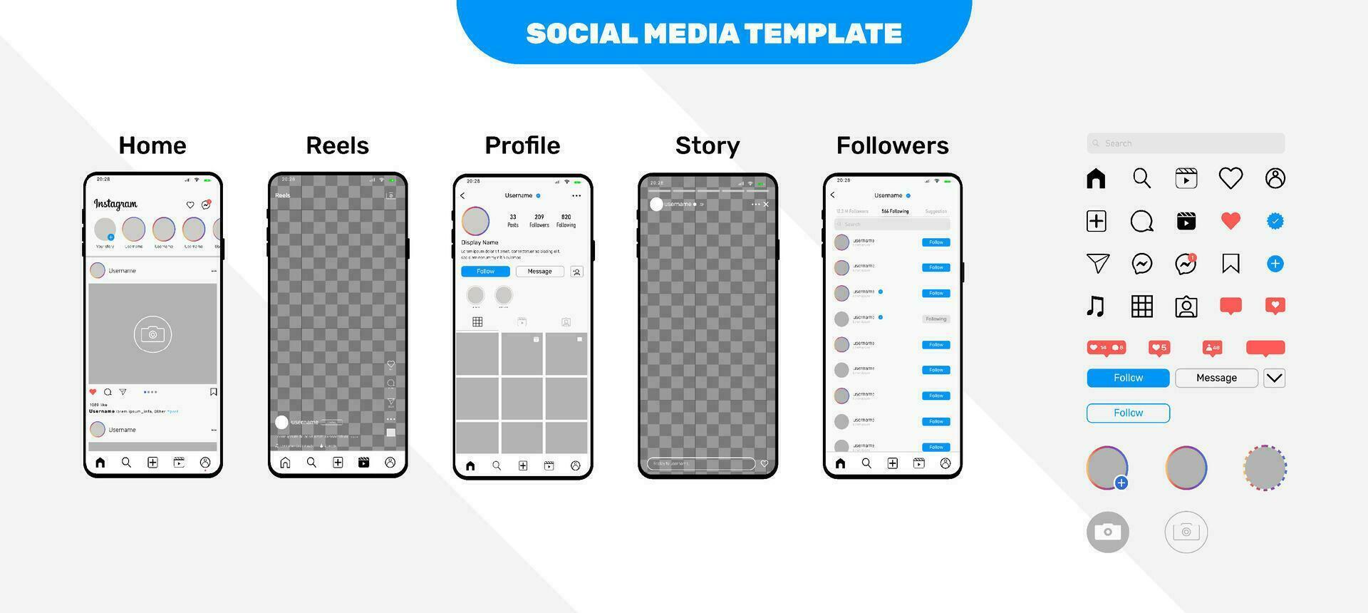 Social Media feed reels story and profile page templates with icons and notifications set vector. vector