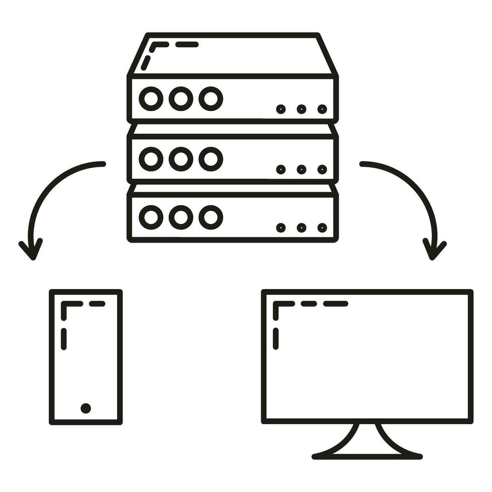 remoto computadora servidor datos intercambiar nube icono proteger base de datos almacenamiento, tecnología información contorno plano vector ilustración, aislado en blanco.