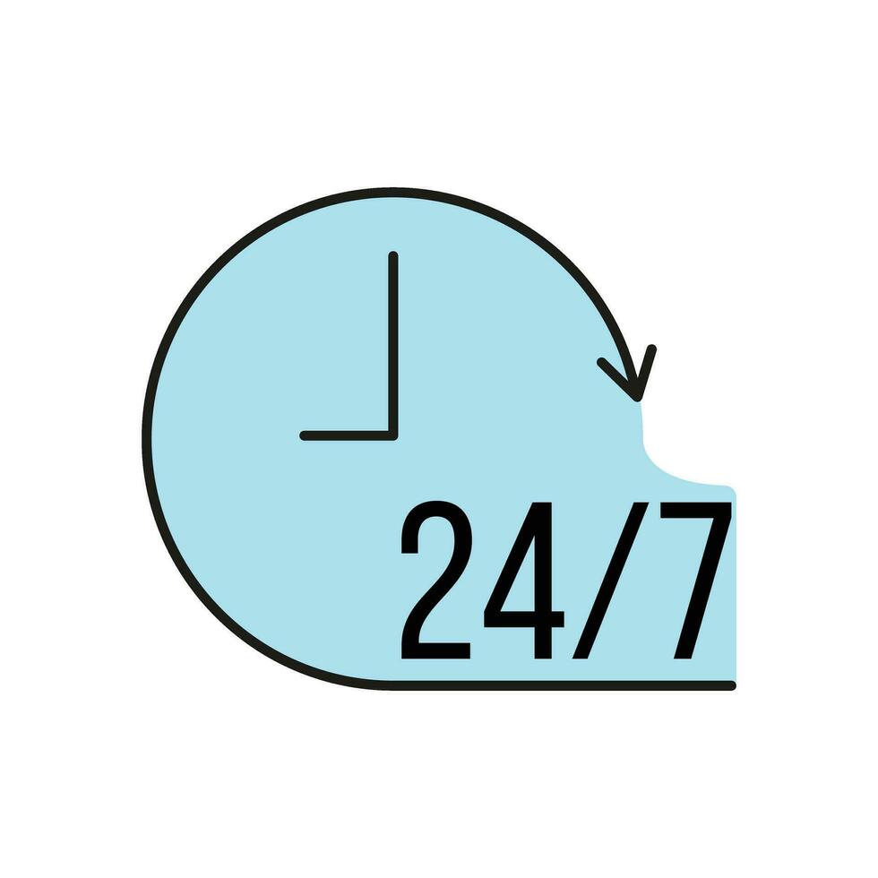 24 on 7 customer service icon outline flat vector illustration, isolated on white