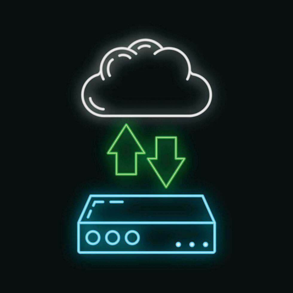 Data exchange cloud icon glow neon style, remote info storage, database computer information outline flat vector illustration, isolated on white.