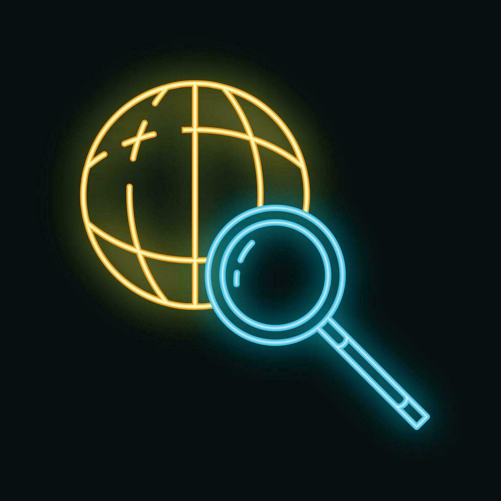 Search information in global internet icon glow neon style, online computer database cloud outline flat vector illustration, isolated on white.