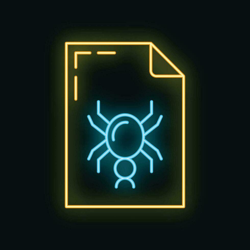 Virus attack online database computer technology icon neon glow style, remote data storage outline flat vector illustration, isolated on white.
