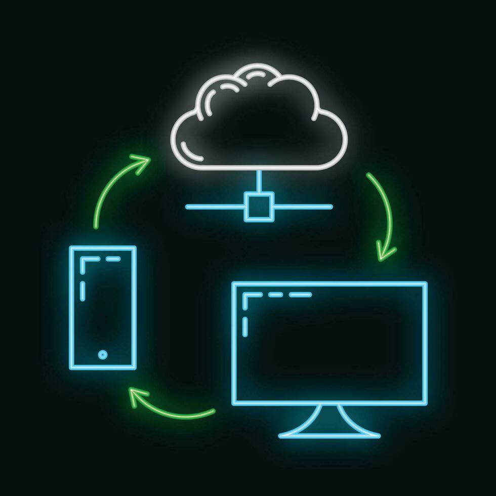 Data exchange cloud icon glow neon style, remote info storage, database computer information outline flat vector illustration, isolated on white.