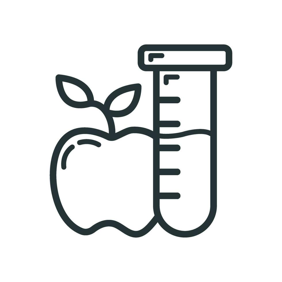 científico laboratorio matraz con manzana icono, educativo institución proceso, espalda a colegio contorno plano vector ilustración, aislado en blanco.