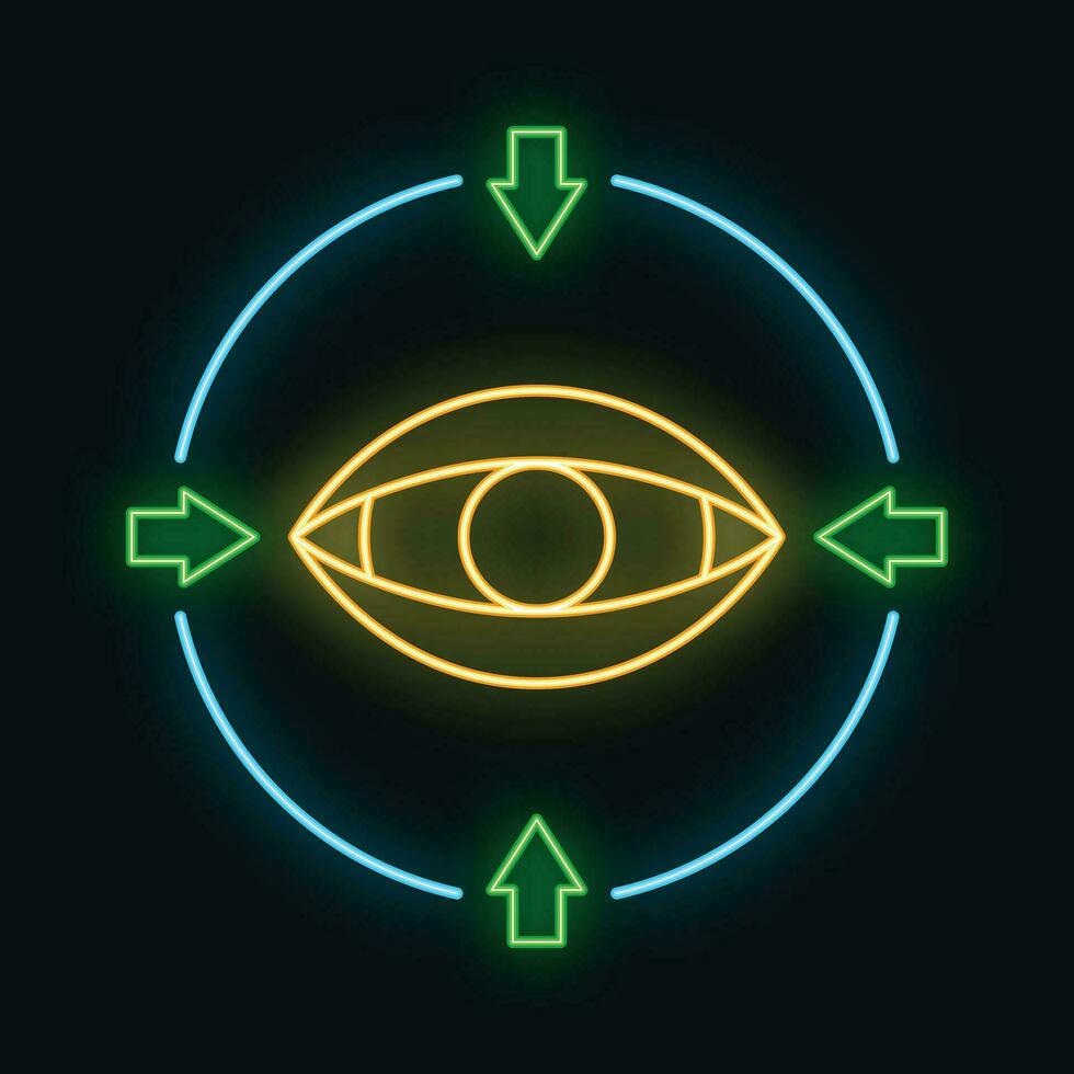 Concept eye online computer technology icon neon glow style, remote data storage information outline flat vector illustration, isolated on white.