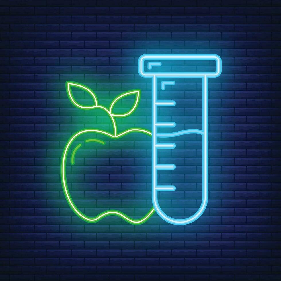 Scientific laboratory flask apple icon glow neon style, educational institution process, back to school outline flat vector illustration, isolated on black.