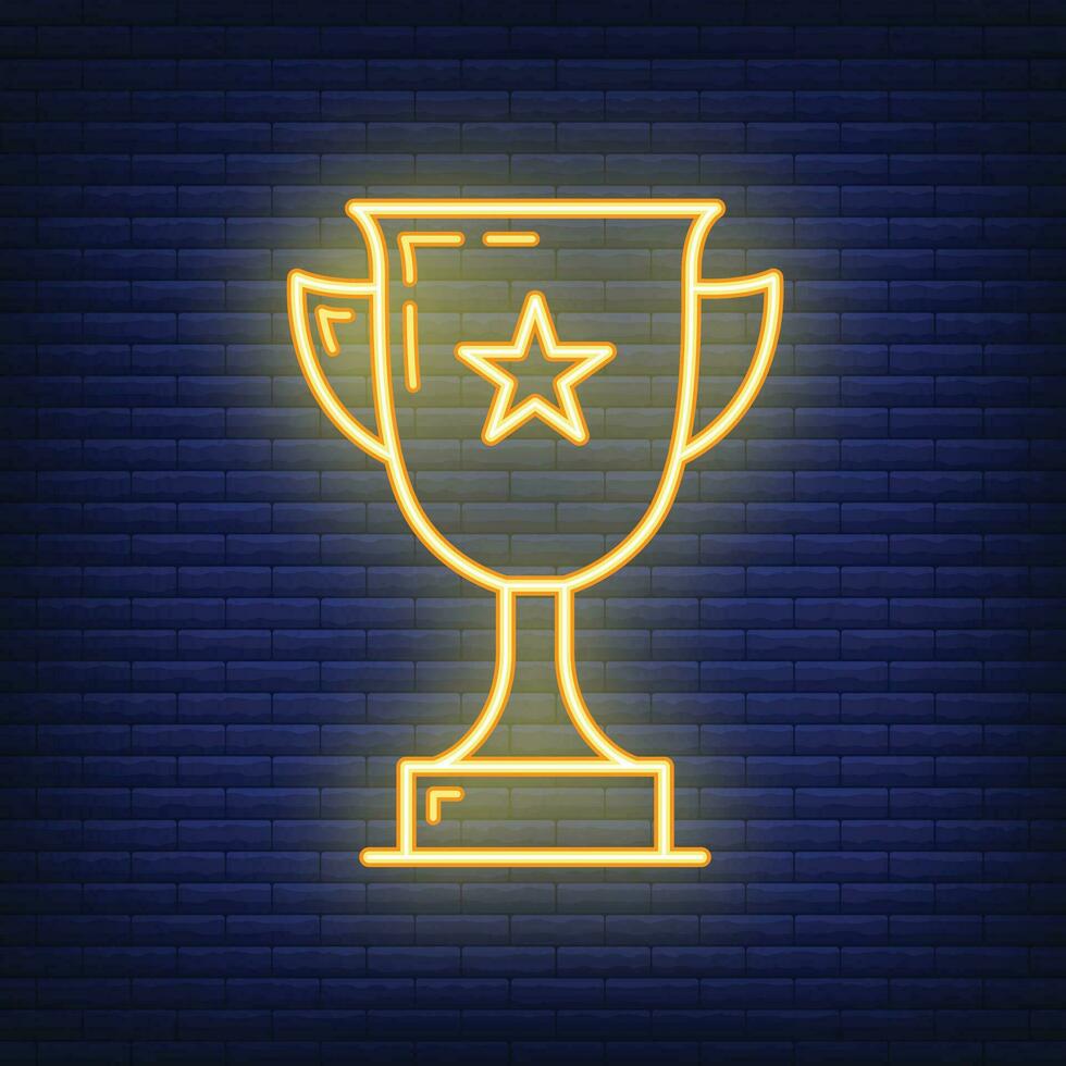 First place golden cup with star icon glow neon style, educational institution process school, outline flat vector illustration, isolated on black.