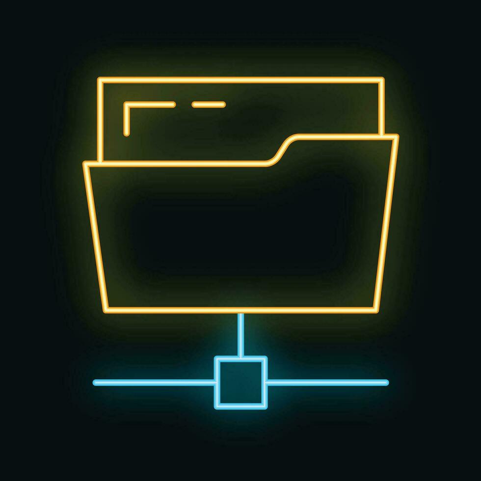 Folder online database computer cloud icon glow neon style, data storage protect information outline flat vector illustration, isolated on white.