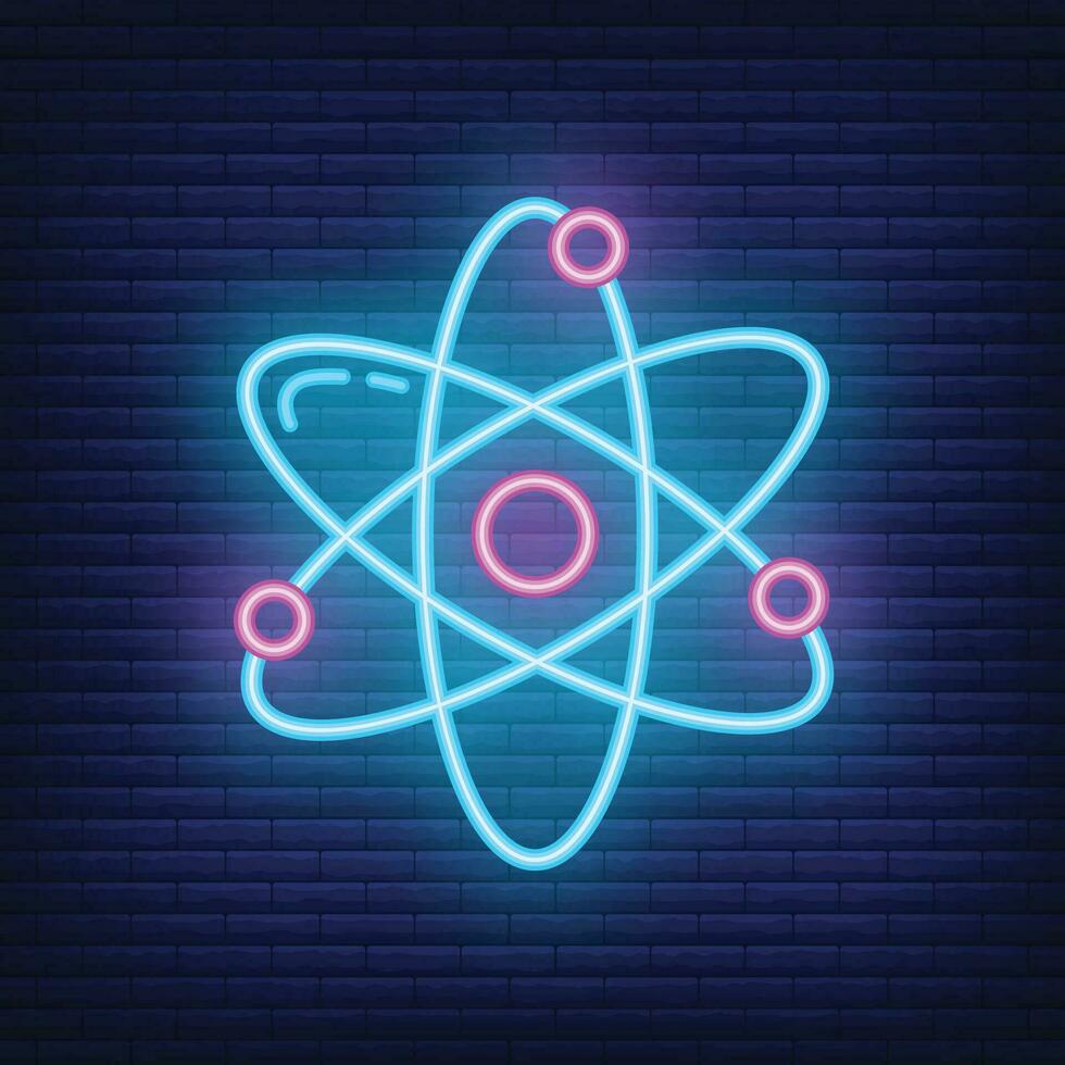 Atom structure icon glow neon style, educational institution process, back to school color outline flat vector illustration, isolated on black.