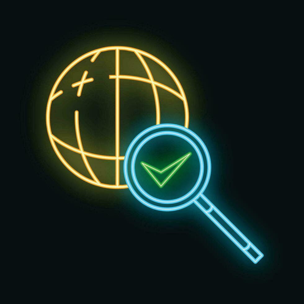 Search information in global internet icon glow neon style, online computer database cloud outline flat vector illustration, isolated on white.