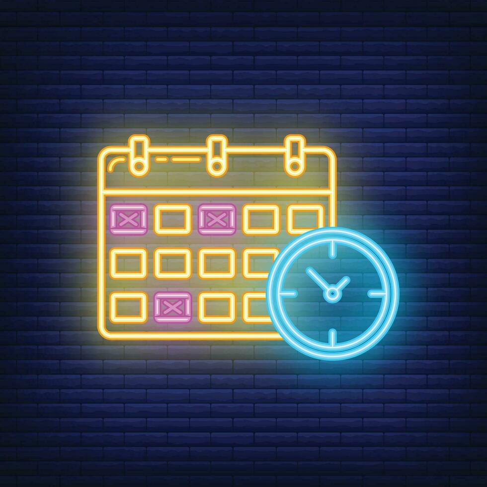 Calendar deadline time icon glow neon style, educational institution process, back to school outline flat vector illustration, isolated on black.