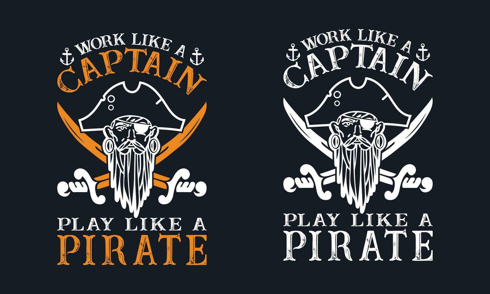 Work Like A Captain Party Like A Pirate T shirt Design. Skull in pirate bandana with knife in mouth. Print for T-shirt, typography, vintage graphic print for t shirt , fashion, sticker, posters vector