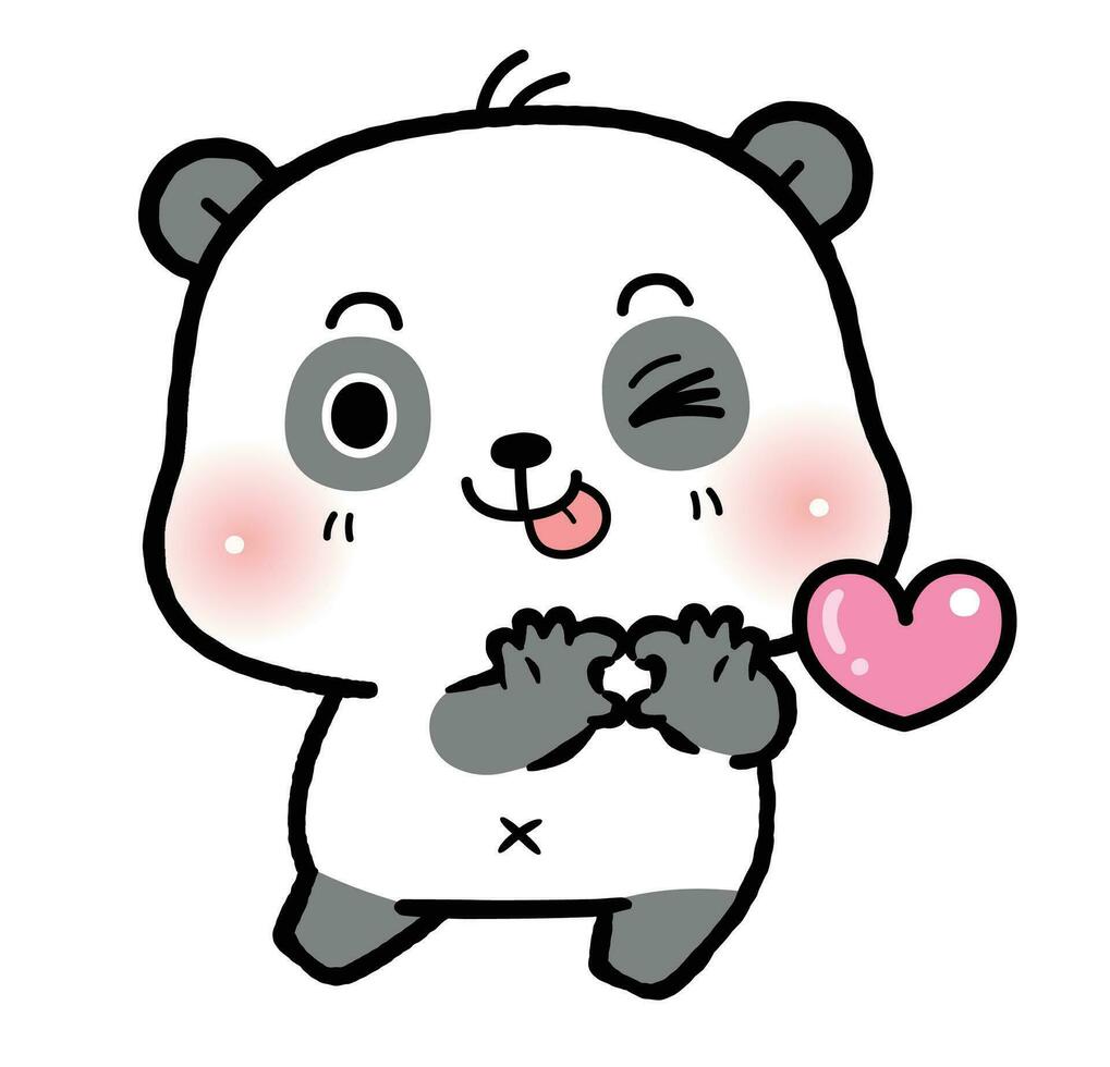 linda pequeño panda parpadeo ojo con lengua fuera y mano gesto corazón. plano dibujos animados estilo. vector