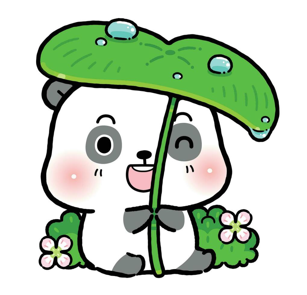 Cute Little Panda is hiding under a big leaf from the rain. flat cartoon style. vector