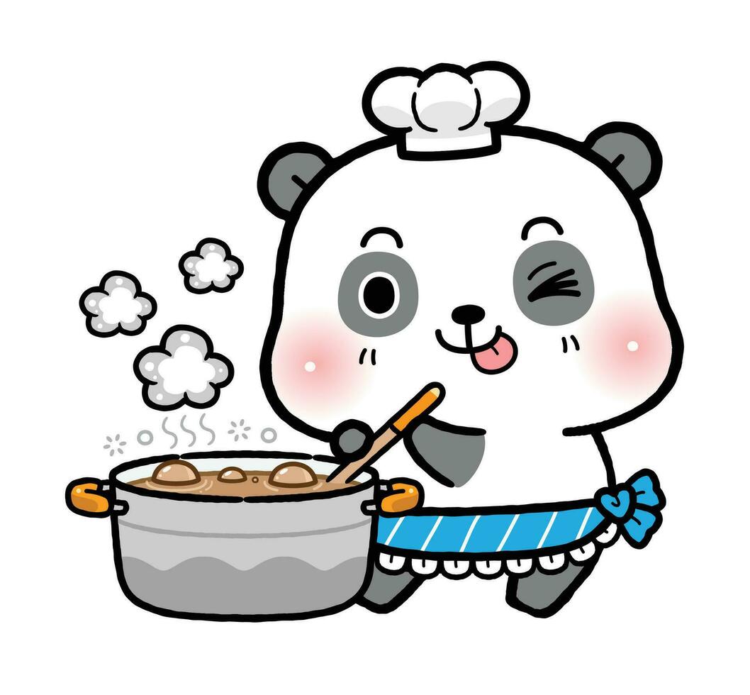 Cute little chef panda cooking food. Flat cartoon style vector