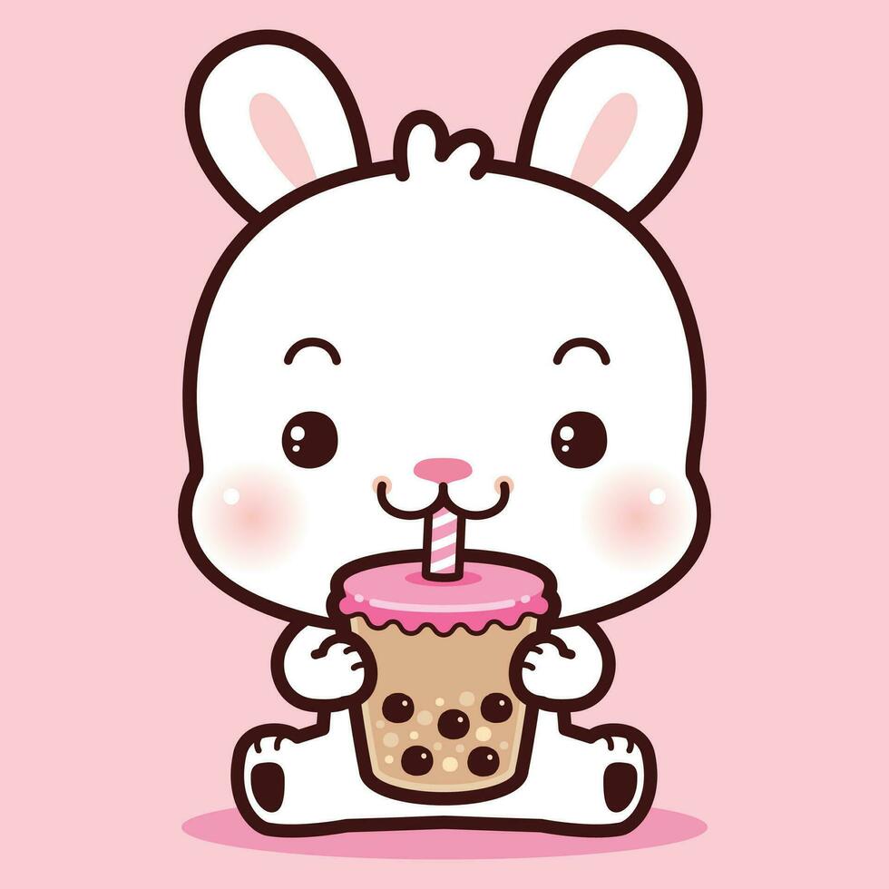 Cute white rabbit sitting drinking boba milk tea vector