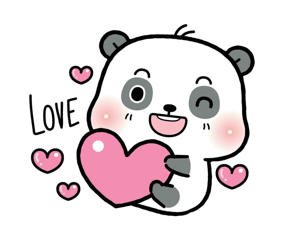 Cute Little Panda hugging heart, flat cartoon style vector