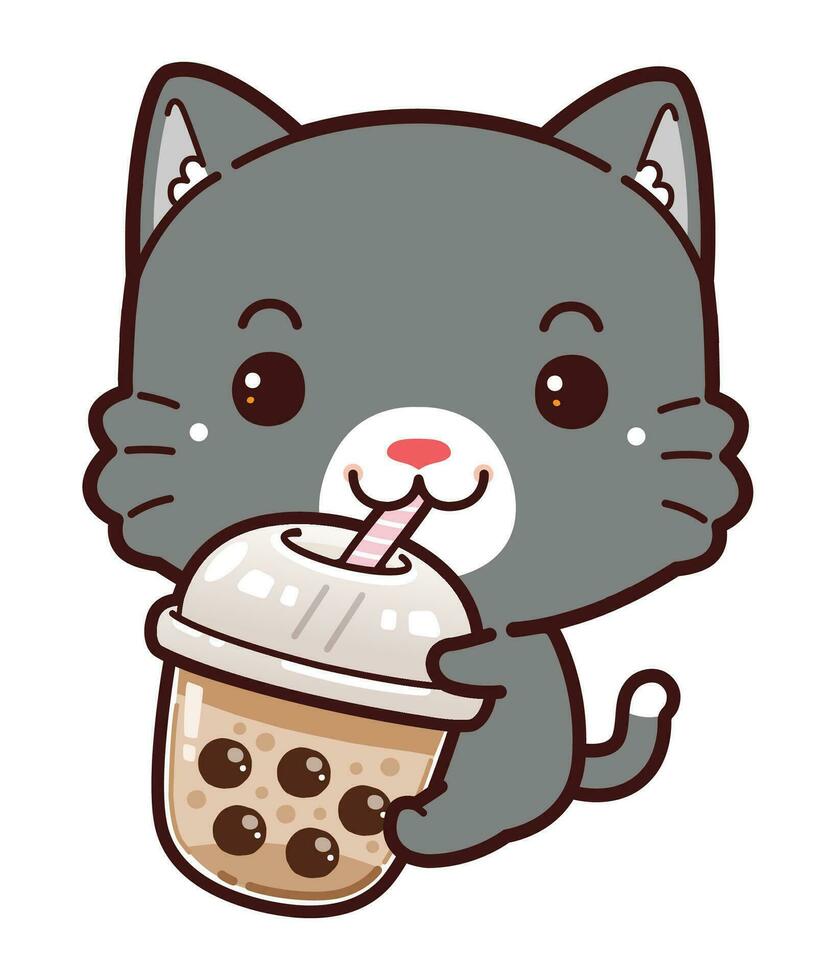 Cute little black cat happy drinking boba milk tea vector