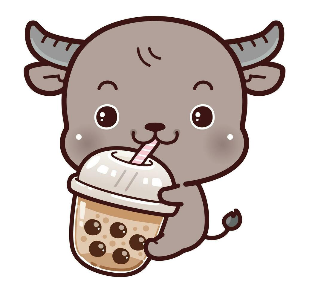 Cute little carabao happy drinking boba milk tea vector