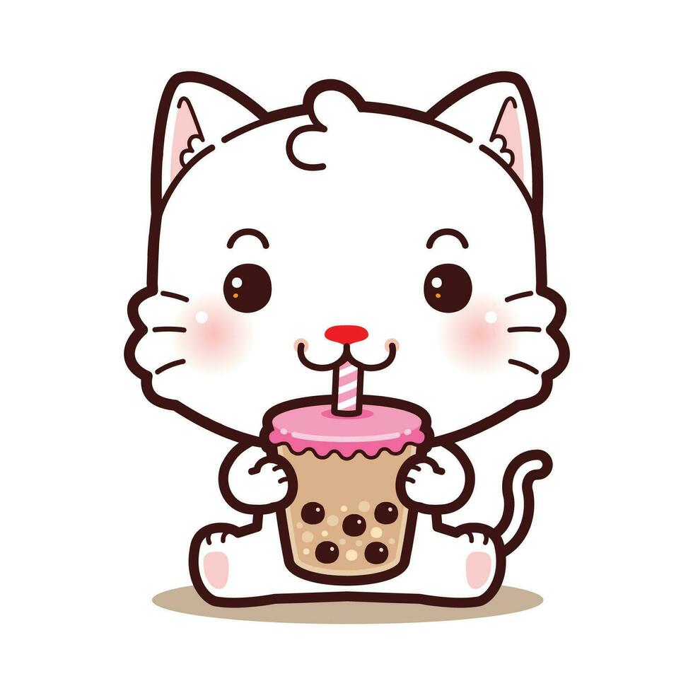 Cute white cat sitting drinking boba milk tea 25894592 Vector Art at