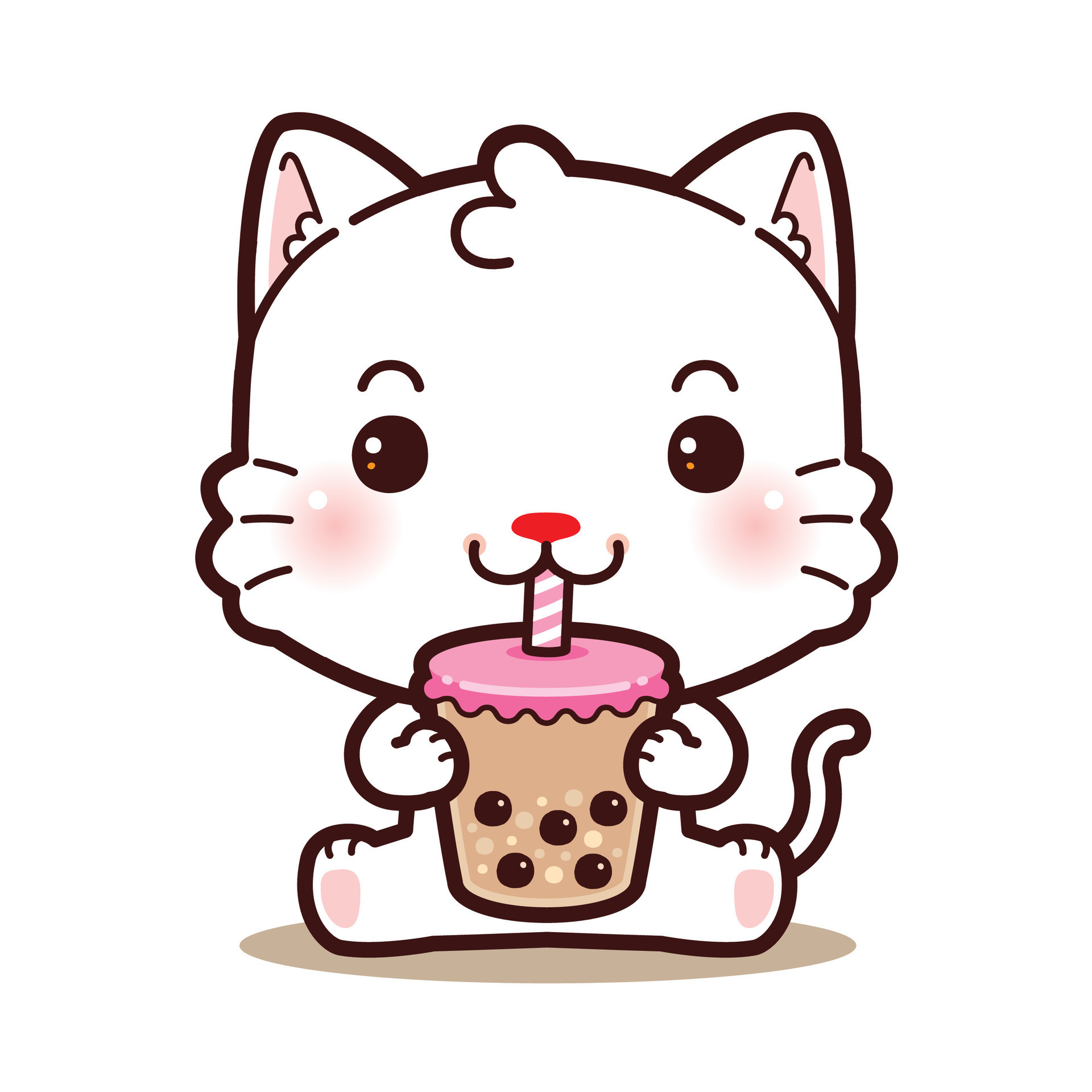 Cute Cat Drink Boba Milk Tea Cartoon Vector Icon Illustration