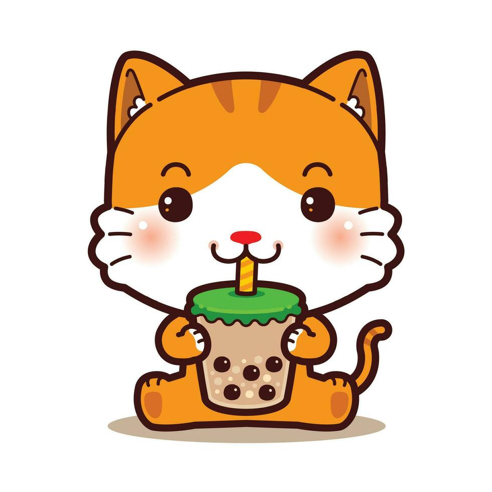 Cute orange cat sitting drinking boba milk tea vector