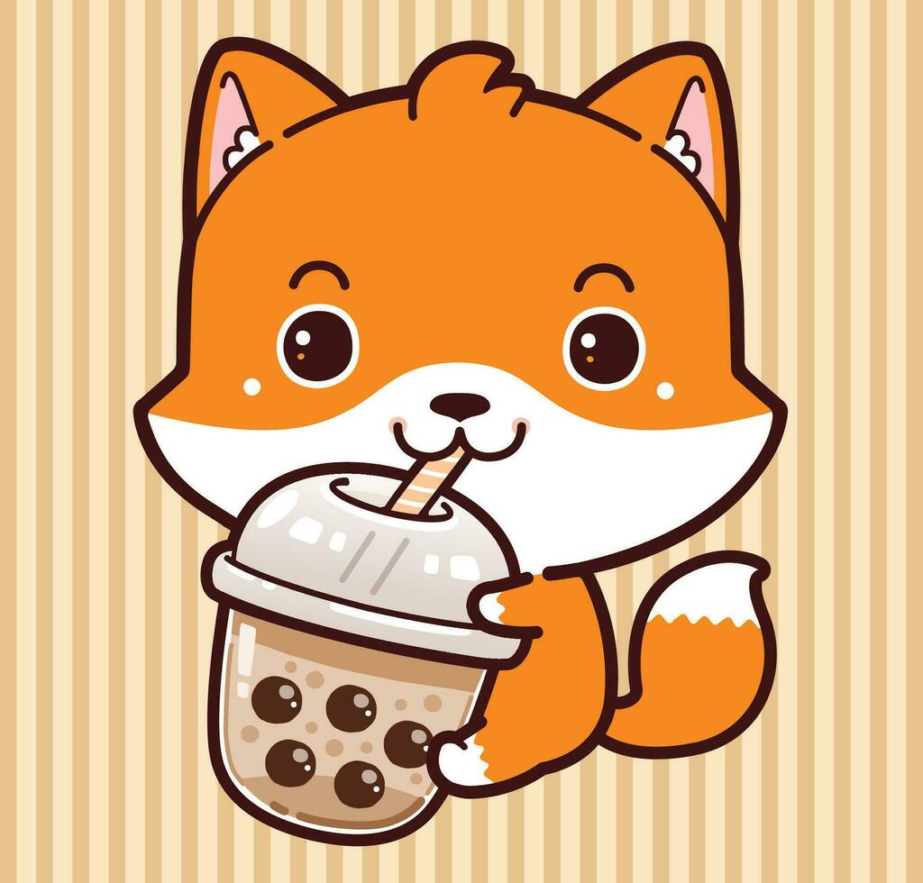 linda pequeño zorro contento Bebiendo boba Leche té vector