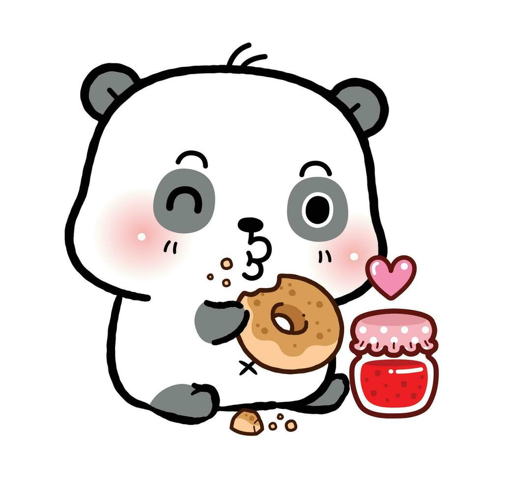 Cute Little Panda eating donut. flat cartoon style vector