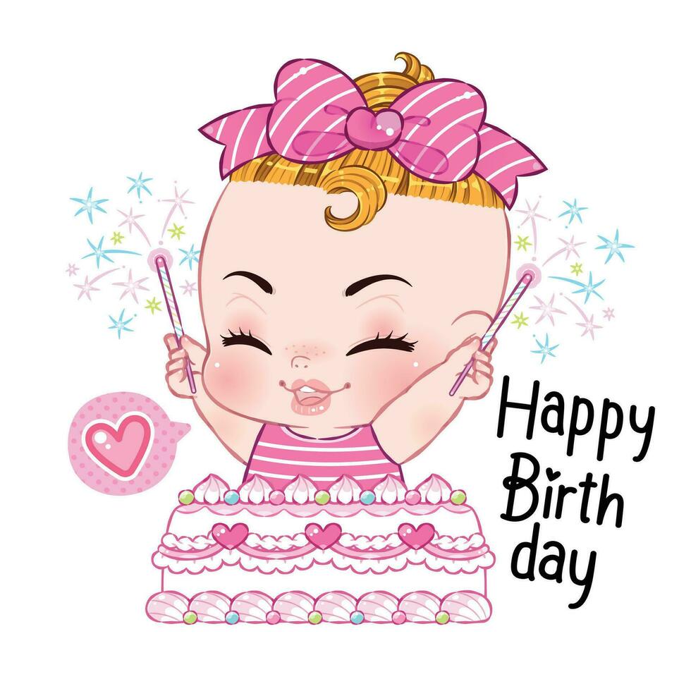 Cute sexy little girl cartoon in pink swimsuit. Happy Birthday. Vector illustration