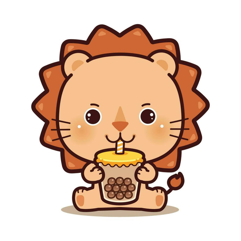 Cute lion sitting drinking boba milk tea. vector