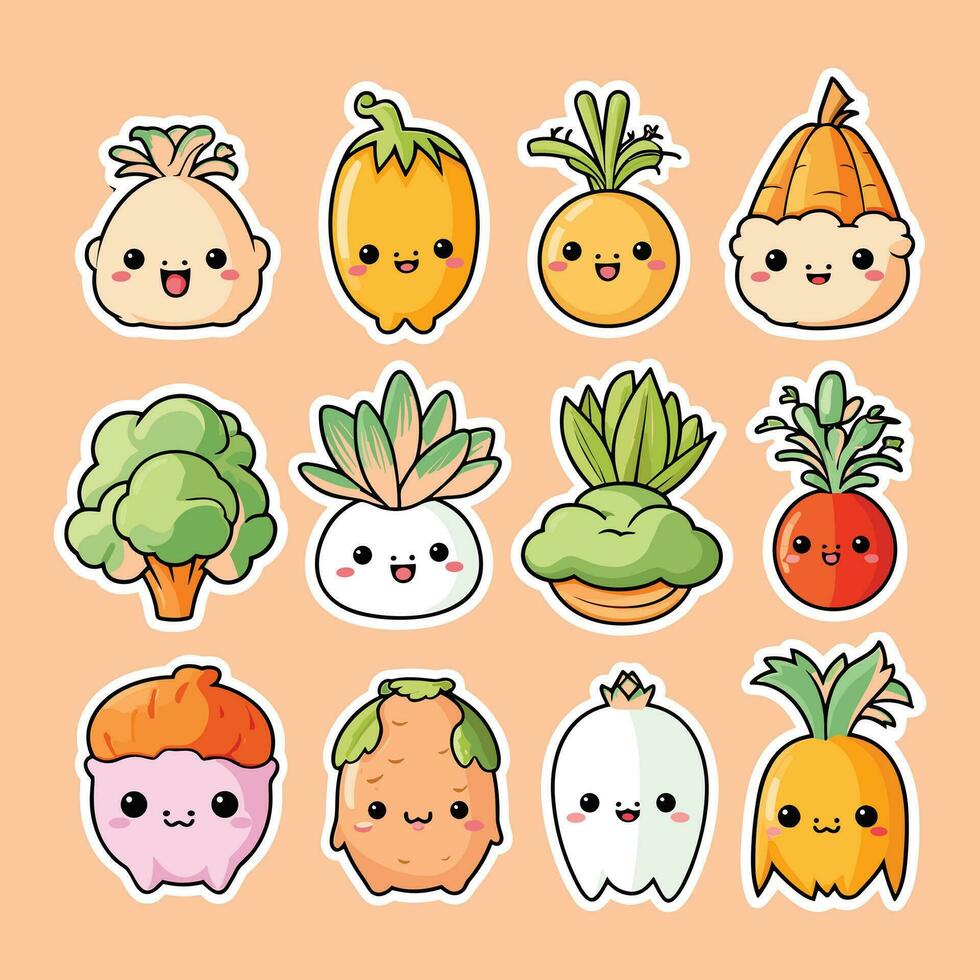 gracioso conjunto de vegetal caras en kawaii pegatina estilo dibujos animados, vector ilustración