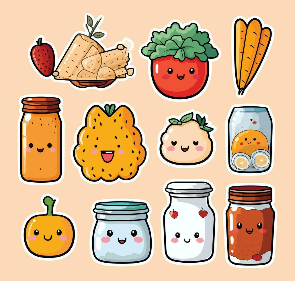 Sticker set of vegetables and different types of jars, Vector illustration