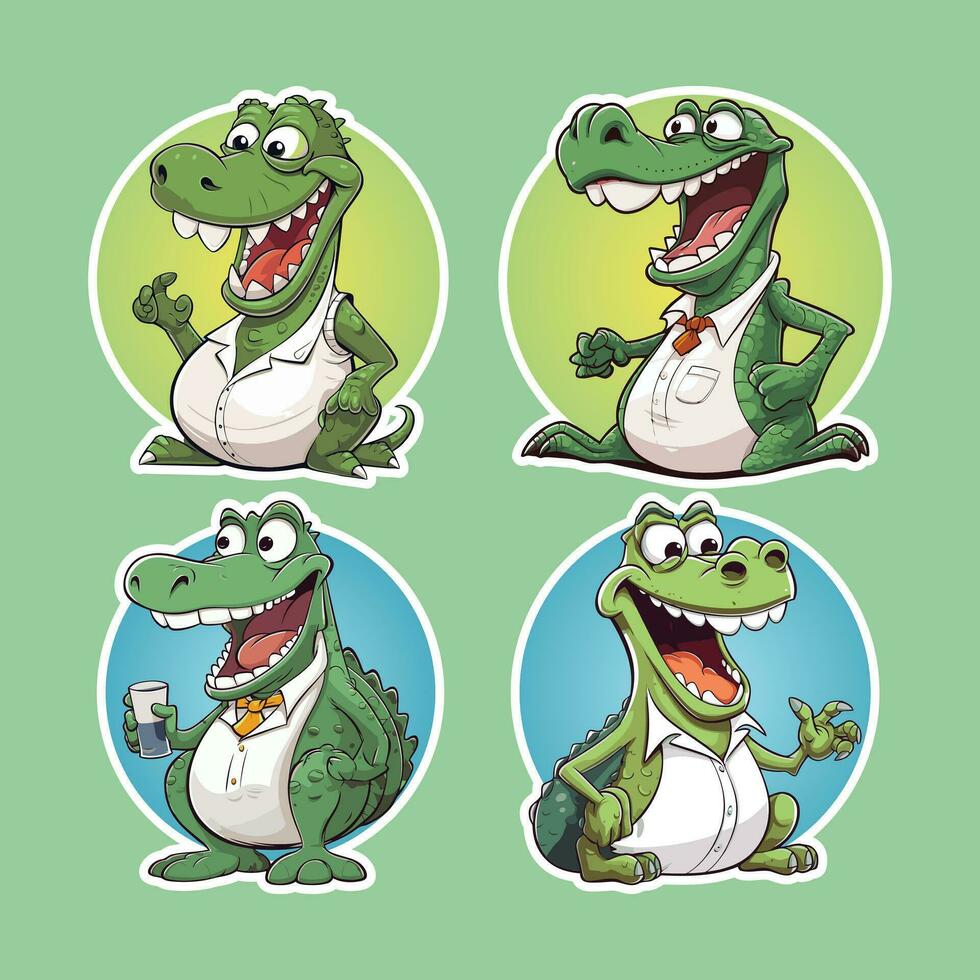 Funny crocodile characters wearing shirts in different poses with round sticker design vector