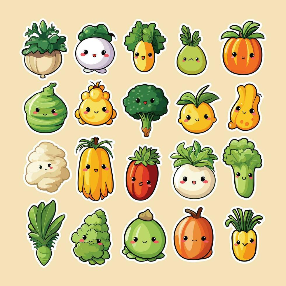Vector illustration, different types of funny vegetable stickers sets